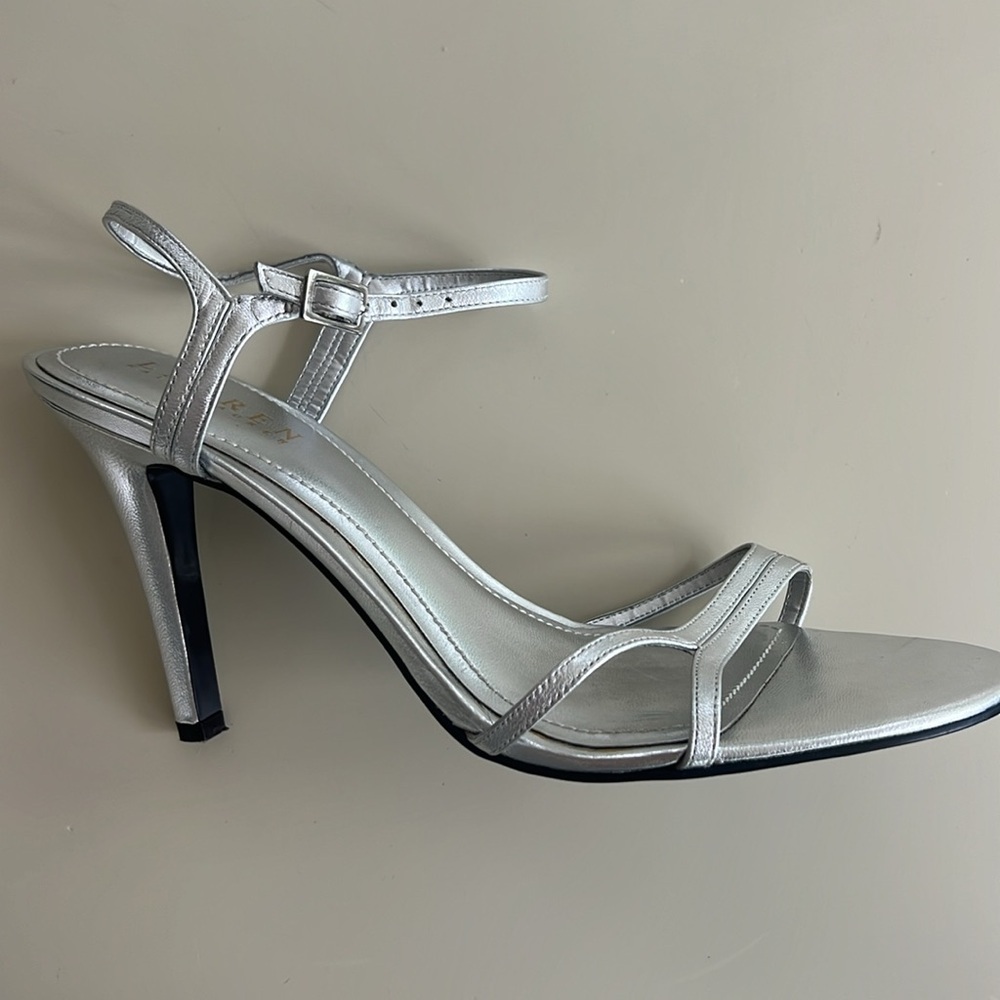 LAUREN RALPH LAUREN Aela silver metallic kidskin strappy sandals SIZE 9 - Picture 3 of 6